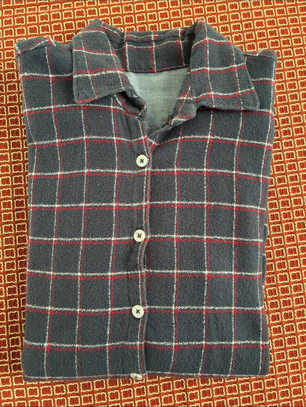 Navy and Red Plaid Button-Up Shirt